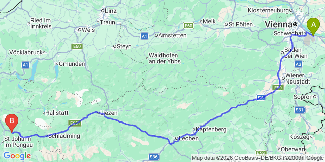 Map: Vienna Airport (VIE) to Hüttau