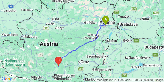 Map: Vienna Airport (VIE) to Hüttenberg