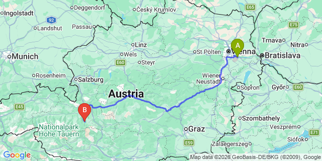 Map: Vienna Airport (VIE) to Hüttschlag