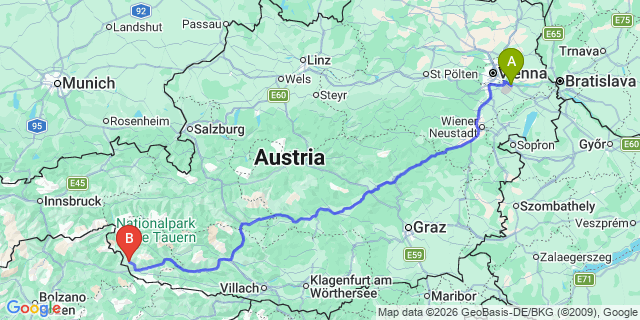 Map: Vienna Airport (VIE) to Innervillgraten