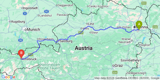 Map: Vienna Airport (VIE) to Innsbruck city (all areas)