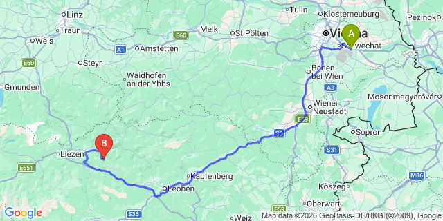 Map: Vienna Airport (VIE) to Johnsbach