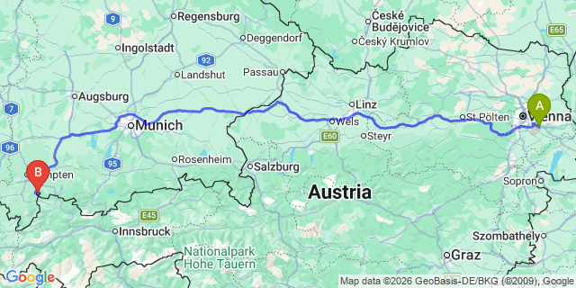 Map: Vienna Airport (VIE) to Jungholz