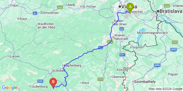 Map: Vienna Airport (VIE) to Kainach bei Voitsberg