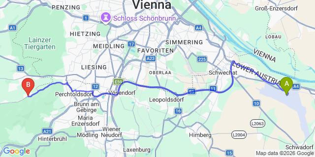 Map: Vienna Airport (VIE) to Kaltenleutgeben