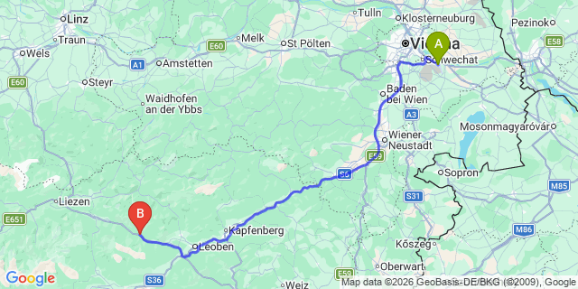 Map: Vienna Airport (VIE) to Kalwang
