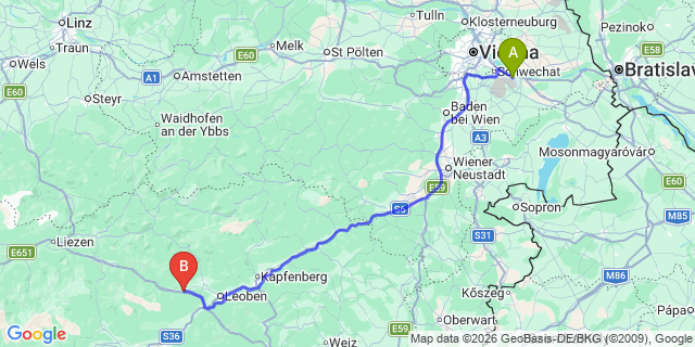 Map: Vienna Airport (VIE) to Kammern im Liesingtal