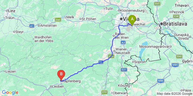 Map: Vienna Airport (VIE) to Kapfenberg