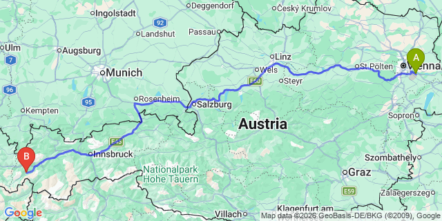 Map: Vienna Airport (VIE) to Kappl