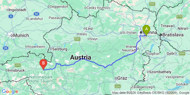 Map: Vienna Airport (VIE) to Kaprun