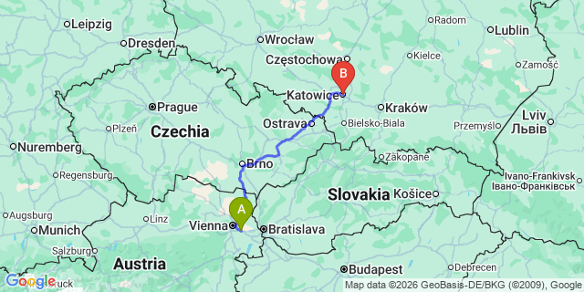 Map: Vienna Airport (VIE) to Katowice