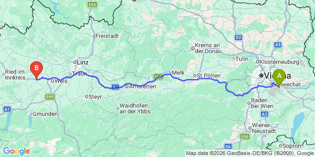 Map: Vienna Airport (VIE) to Kematen am Innbach