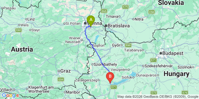 Map: Vienna Airport (VIE) to Keszthely