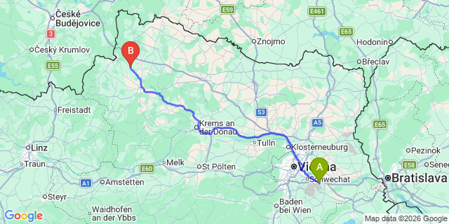 Map: Vienna Airport (VIE) to Kirchberg am Walde
