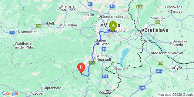 Map: Vienna Airport (VIE) to Kirchberg am Wechsel