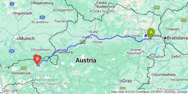 Map: Vienna Airport (VIE) to Kirchberg in Tirol