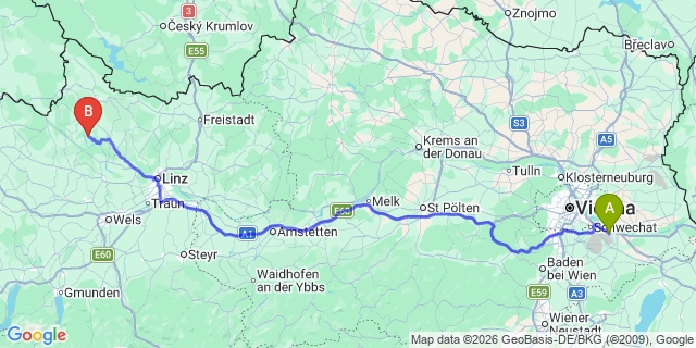Map: Vienna Airport (VIE) to Kirchberg ob der Donau