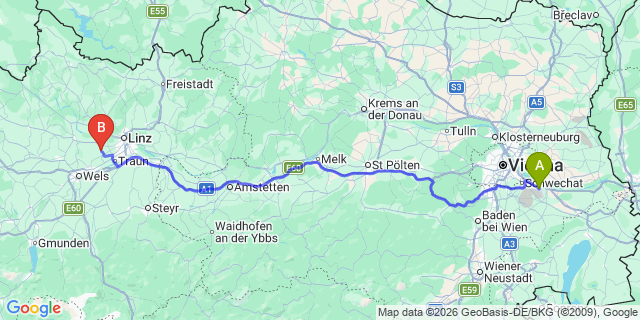 Map: Vienna Airport (VIE) to Kirchberg-Thening