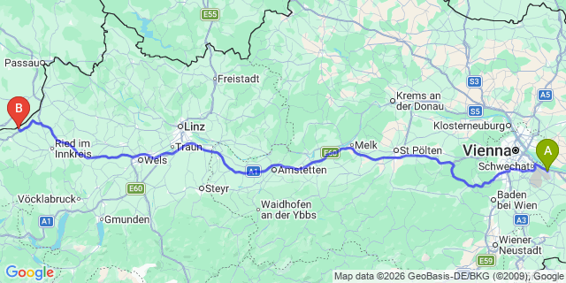 Map: Vienna Airport (VIE) to Kirchdorf am Inn