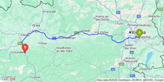 Map: Vienna Airport (VIE) to Kirchdorf an der Krems