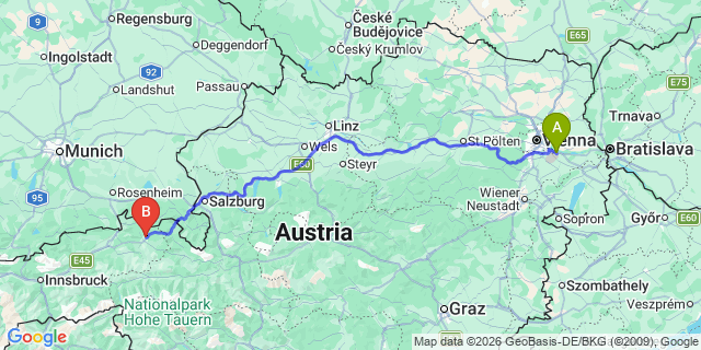 Map: Vienna Airport (VIE) to Kirchdorf in Tirol