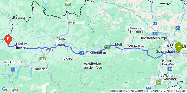 Map: Vienna Airport (VIE) to Kirchheim im Innkreis