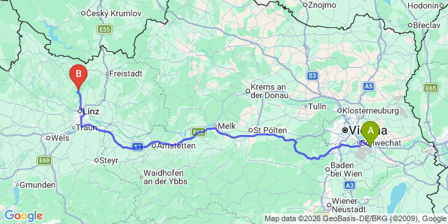 Map: Vienna Airport (VIE) to Kirchschlag bei Linz