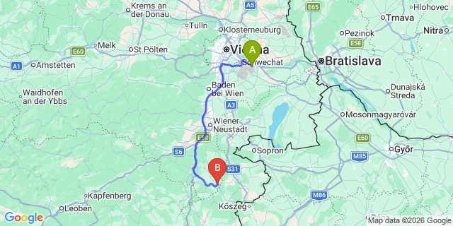 Map: Vienna Airport (VIE) to Kirchschlag in der Buckligen Welt