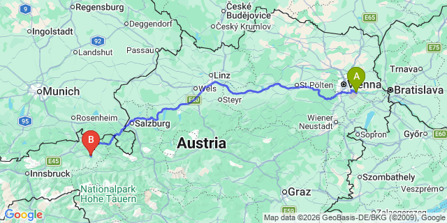 Map: Vienna Airport (VIE) to Kitzbühel
