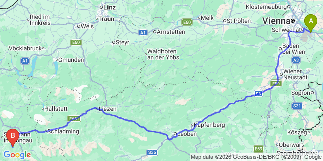 Map: Vienna Airport (VIE) to Kleinarl