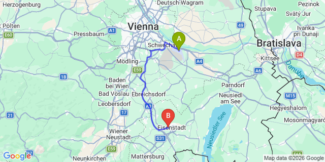 Map: Vienna Airport (VIE) to Kleinhöflein im Burgenland