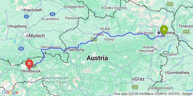 Map: Vienna Airport (VIE) to Kolsassberg