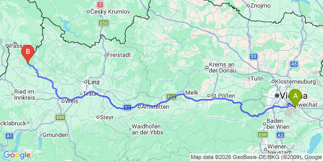 Map: Vienna Airport (VIE) to Kopfing im Innkreis