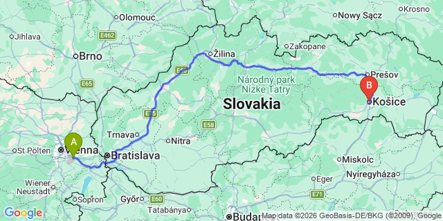 Map: Vienna Airport (VIE) to Kosice