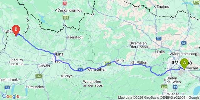 Map: Vienna Airport (VIE) to Kößlbach