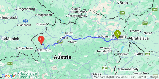 Map: Vienna Airport (VIE) to Köstendorf