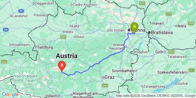Map: Vienna Airport (VIE) to Krakauhintermühlen