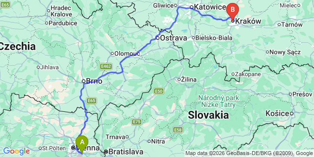 Map: Vienna Airport (VIE) to Krakow