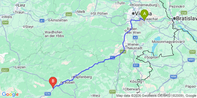 Map: Vienna Airport (VIE) to Kraubath an der Mur