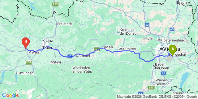 Map: Vienna Airport (VIE) to Krenglbach