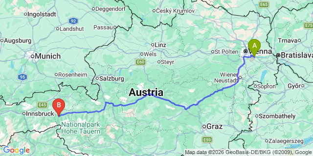 Map: Vienna Airport (VIE) to Krimml