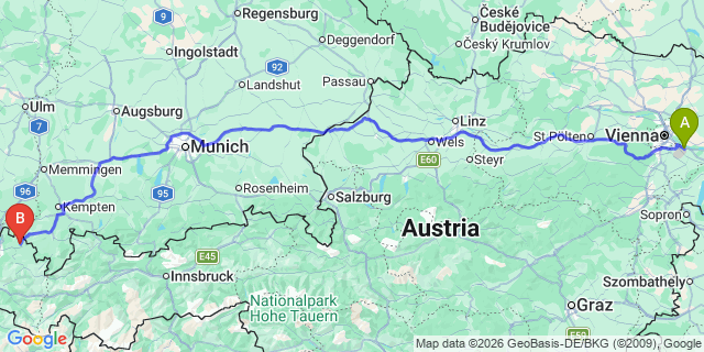 Map: Vienna Airport (VIE) to Krumbach