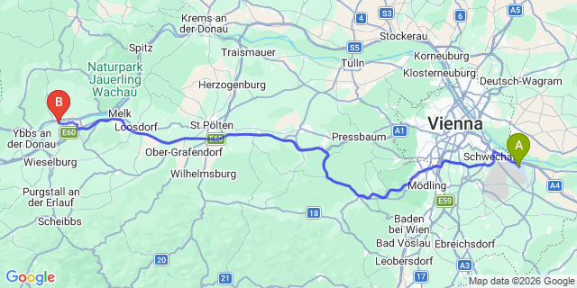 Map: Vienna Airport (VIE) to Krummnußbaum