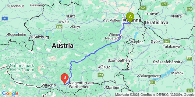 Map: Vienna Airport (VIE) to Krumpendorf am Wörthersee