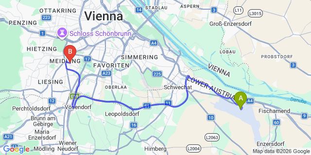 Map: Vienna Airport (VIE) to Kyriad Vienna Altmannsdorf