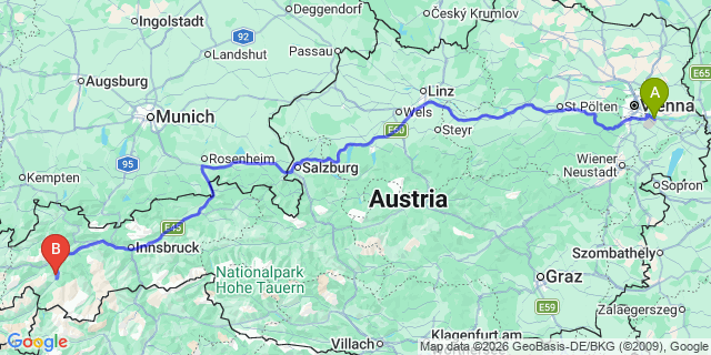 Map: Vienna Airport (VIE) to Ladis