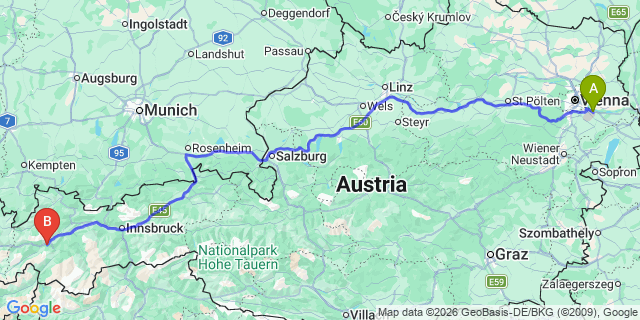 Map: Vienna Airport (VIE) to Landeck