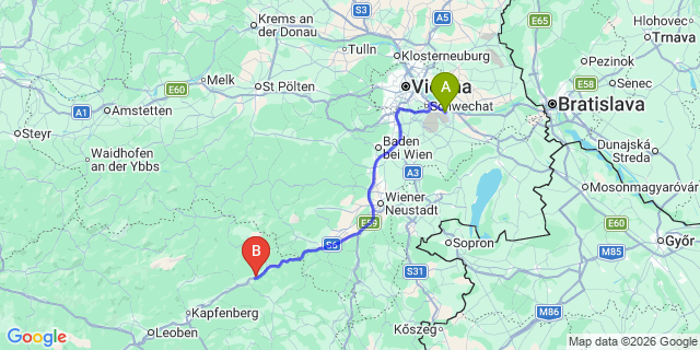 Map: Vienna Airport (VIE) to Langenwang