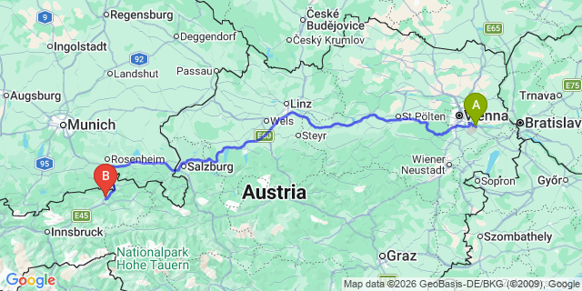 Map: Vienna Airport (VIE) to Langkampfen