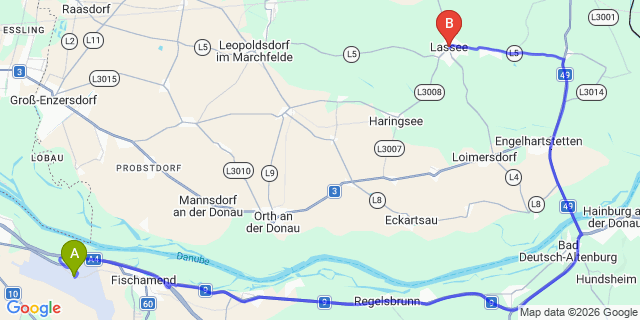 Map: Vienna Airport (VIE) to Lassee